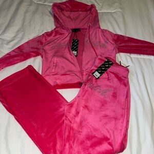 Von Dutch Pink Velour Tracksuit with Rhinestone Detail